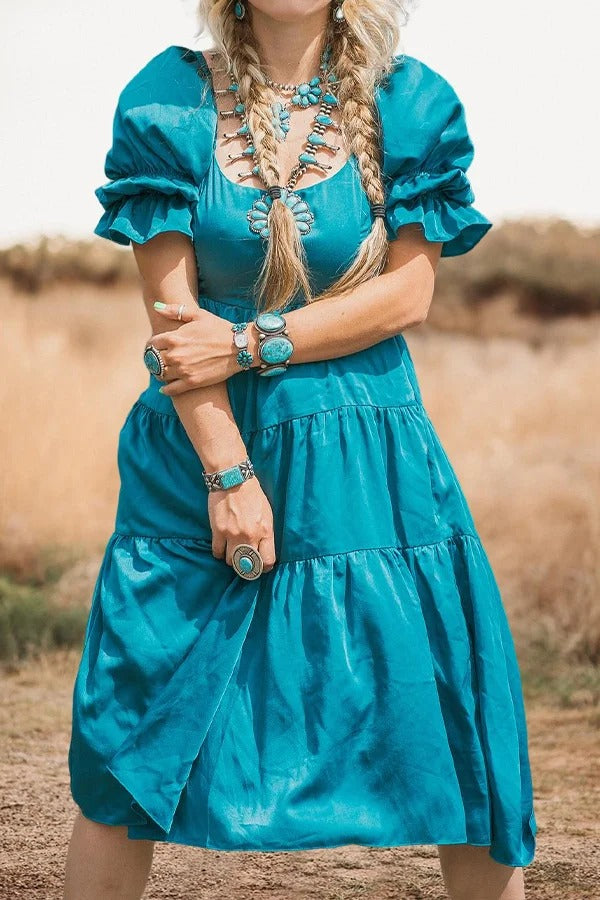 Turquoise Puff Sleeve Dress