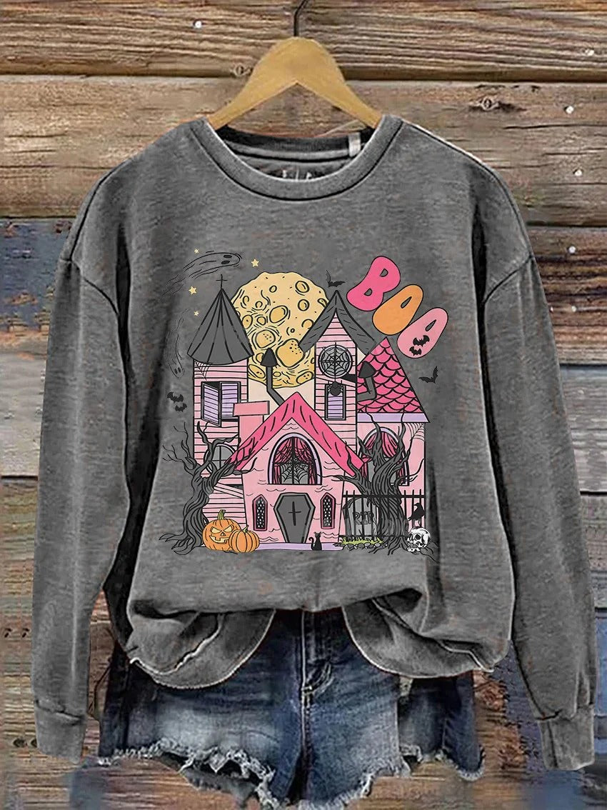 Sweat-shirt imprimé décontracté Castle Ghost Boo Halloween