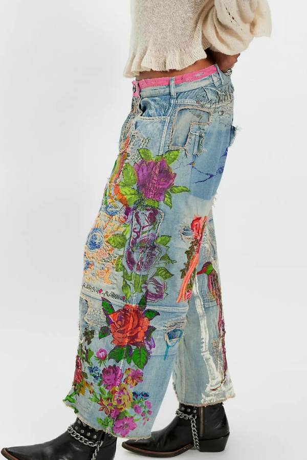 Boho Floral Bird Patch Distressed Wide Leg Washed Jeans High Waist Raw Hem Hippie Casual Trousers