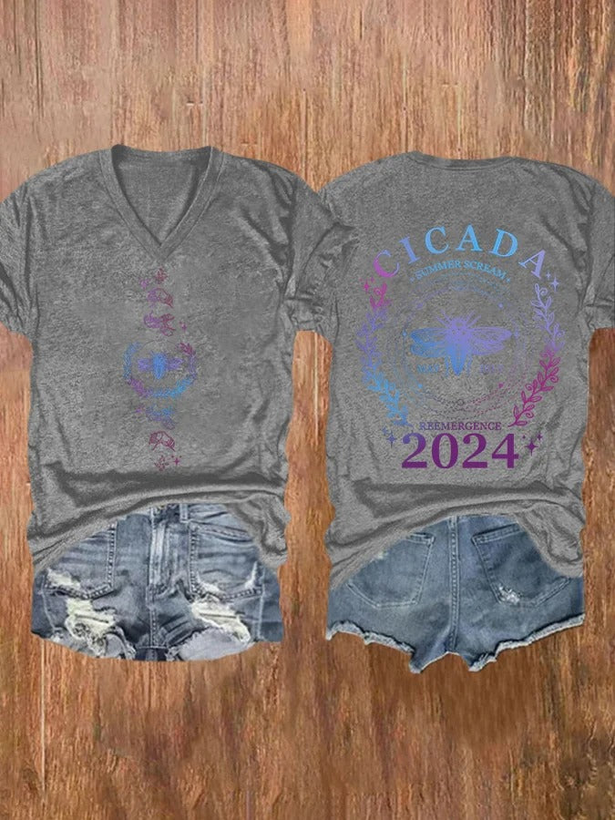 T-shirt col V imprimé Cicada Scream pour femme, été, mai, juillet, réémergence 2024