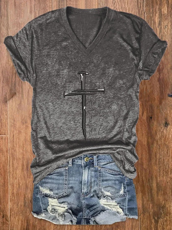 Women's Jesus The Way The Truth The Life Embroidered V Neck T-Shirt