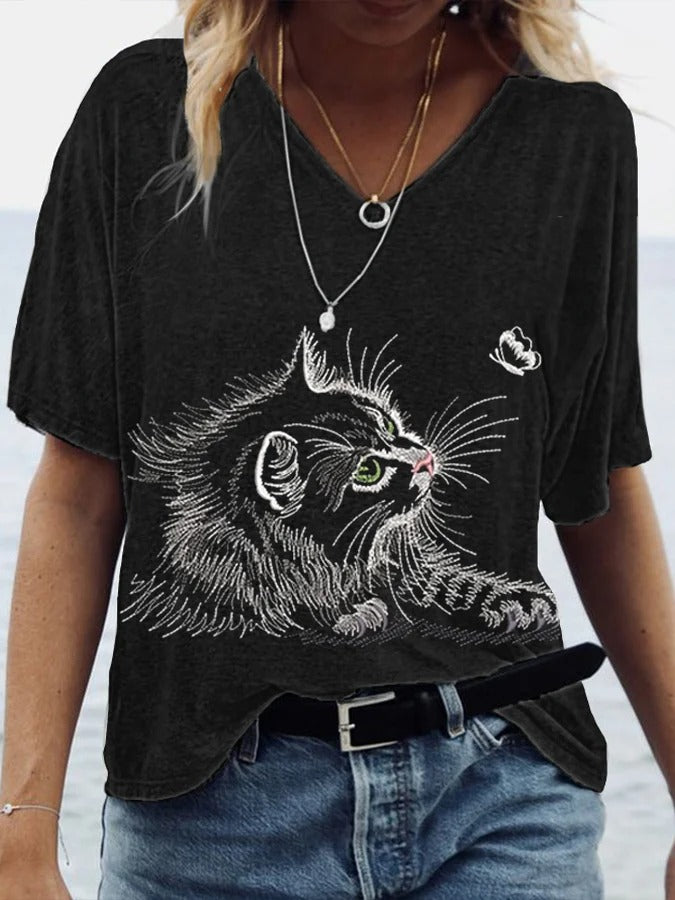 T-shirt imprimé chat mignon pour femme