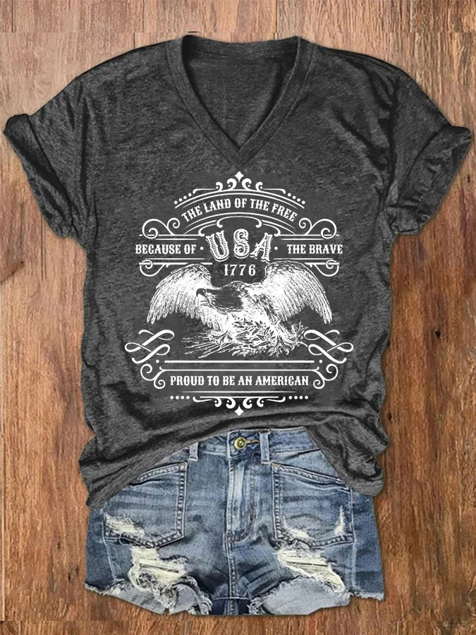 T-shirt décontracté à col en V pour femme, imprimé « Land of the Free Because of the Brave »