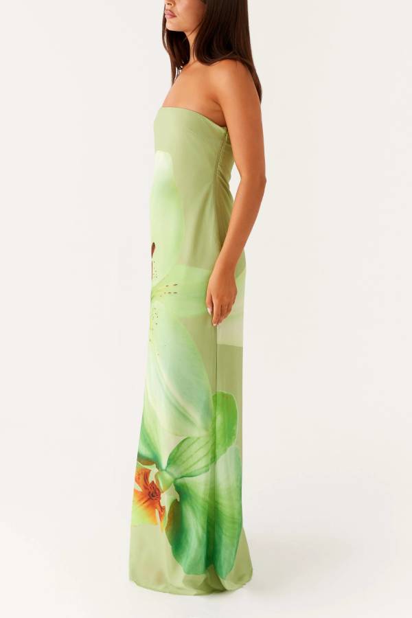 Smooth and Elegant Satin Unique Floral Print Off Shoulder Maxi Dress