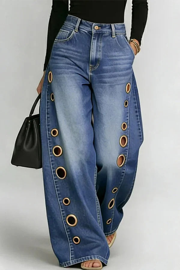 High-Street Edgy Eyelet Cut-Out Baggy Jeans
