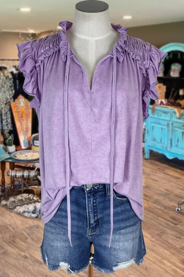 Solid V-Neck Ties Ruffle Sleeve Top