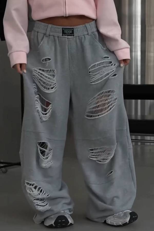 Streetwear Multi-Ripped Wide Leg Sweatpants