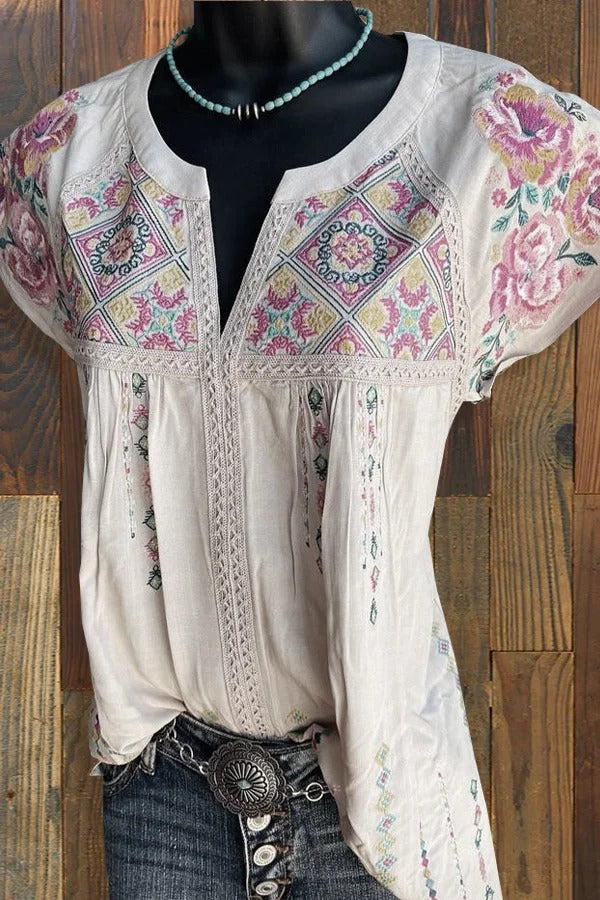 T-shirt col en V à imprimé floral vintage