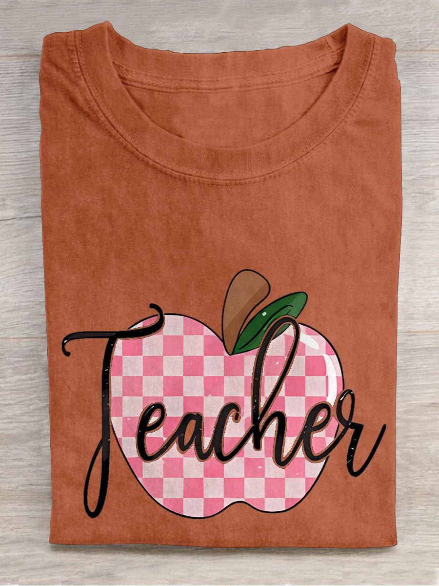 Plaid Teacher Apple Casual Print T-shirt