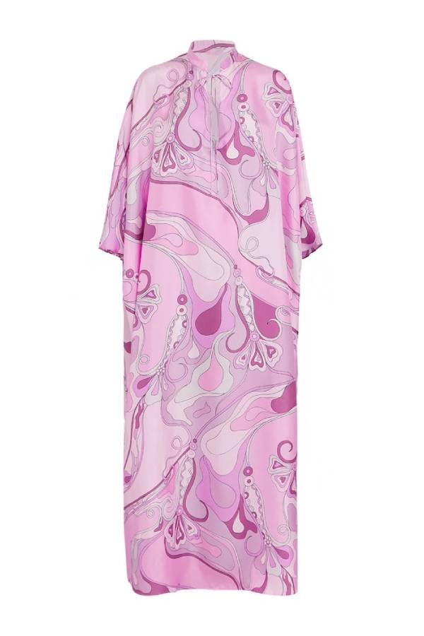 Retro Glam Pink Swirl Print Kaftan Maxi Dress
