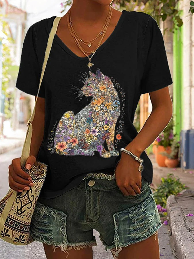 T-shirt imprimé chaton fleuri mignon pour femme