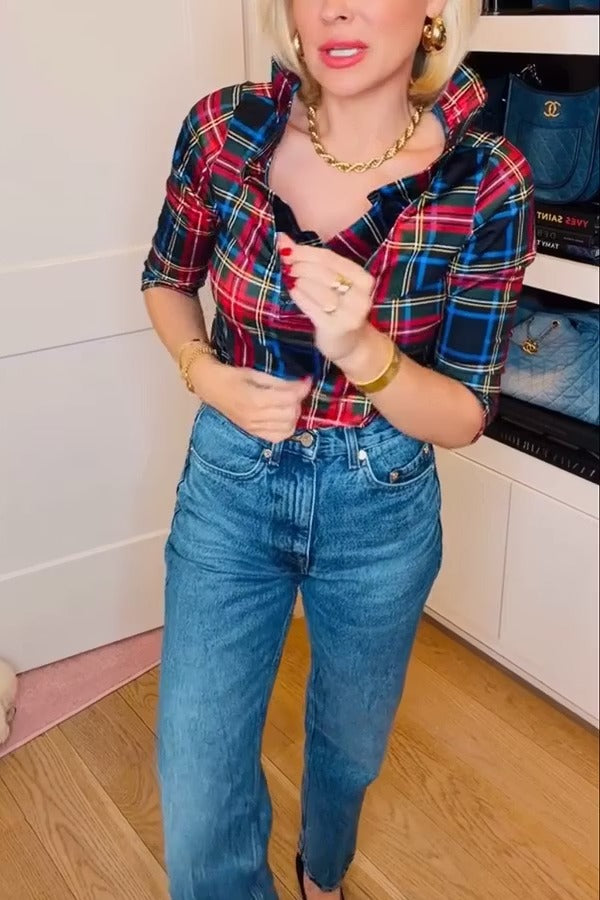 Duke of York Holiday Plaid Ruffle Stand Neck Half Sleeve Blouse
