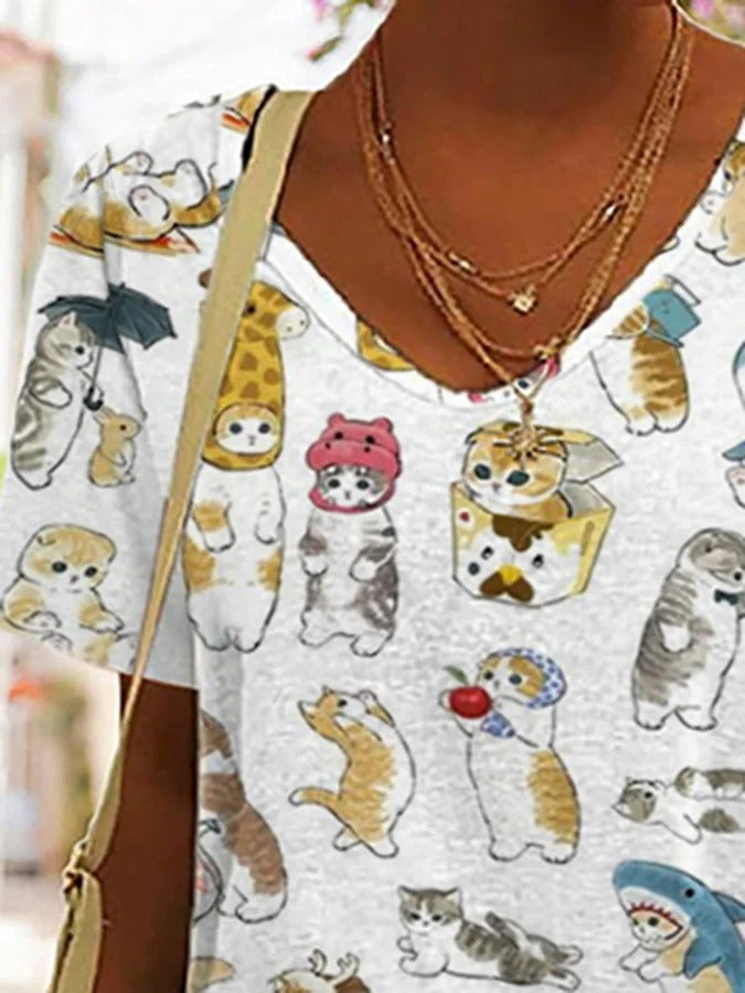 T-shirt décontracté à col en V et imprimé chat pour femme