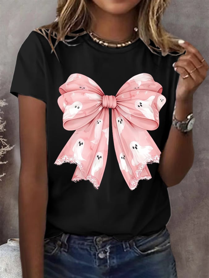 Women's Halloween Ghost Bow Print Casual T-Shirt