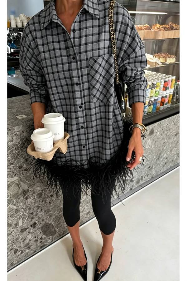Dylan Plaid Print Long Sleeve Feather Trim Hem Pocket H-line Loose Blouse