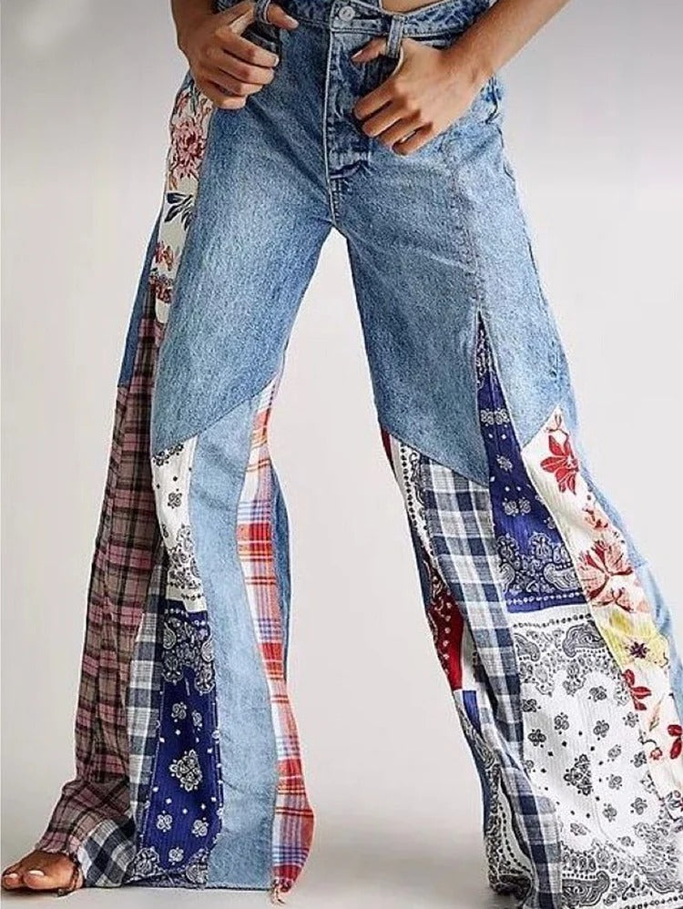 Vintage Denim Boho Patchwork Knopf High Waist Wide Leg Jeans