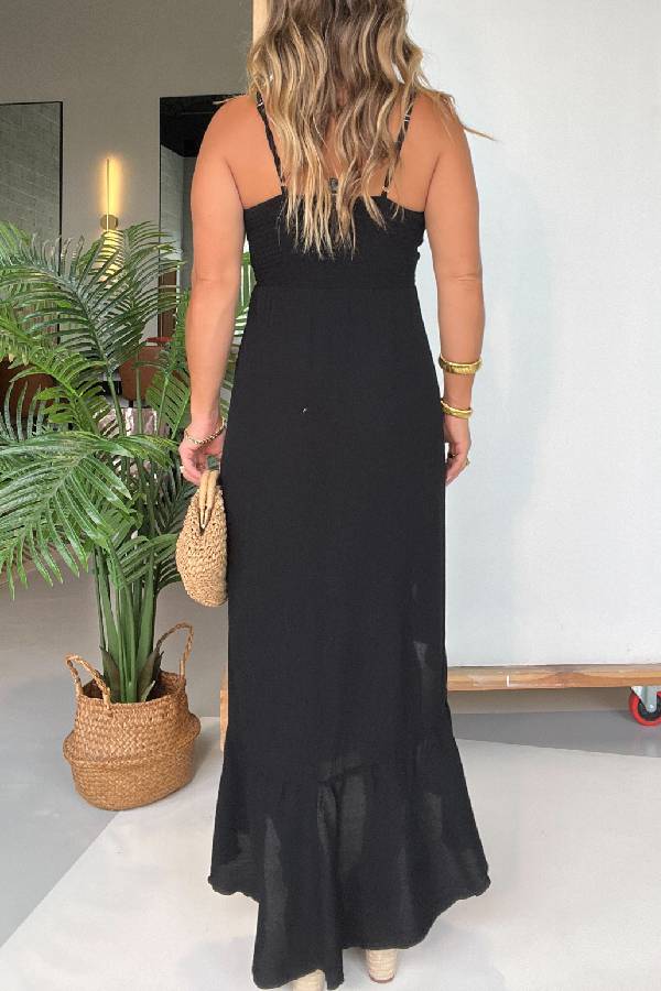 Juney Adjustable Chest Tie Front Ruffles Back Smocked Slit Maxi Dress