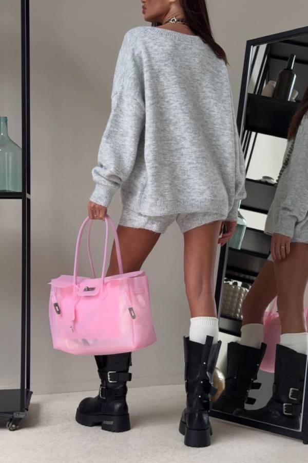 Light Gray Oversized Crew Neck Knit Sweater & Shorts Two Piece Set