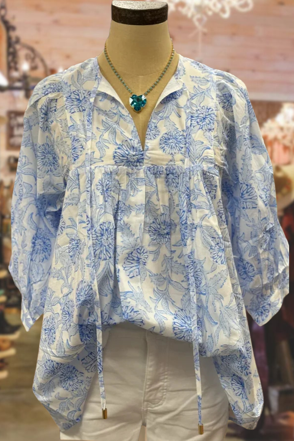 Floral Print V-Neck Ties Puff Sleeve Top