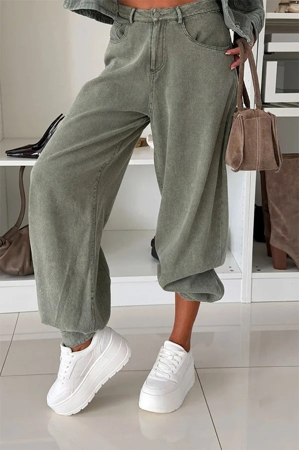 Stylish Denim High Rise Pocket Drawstring Cuffs Lantern Jeans