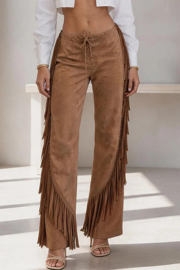 Vintage-style Western Suede Lace-up Waist Tassel Trim Pocket Loose Pants
