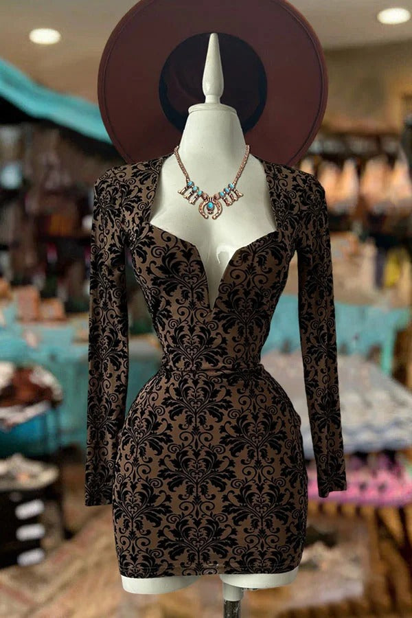 Langarmkleid mit V-Ausschnitt und Vintage-Blumendruck