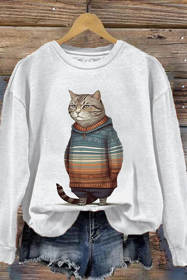 Women's Winter Cat Print Crew Neck Sweatshirt