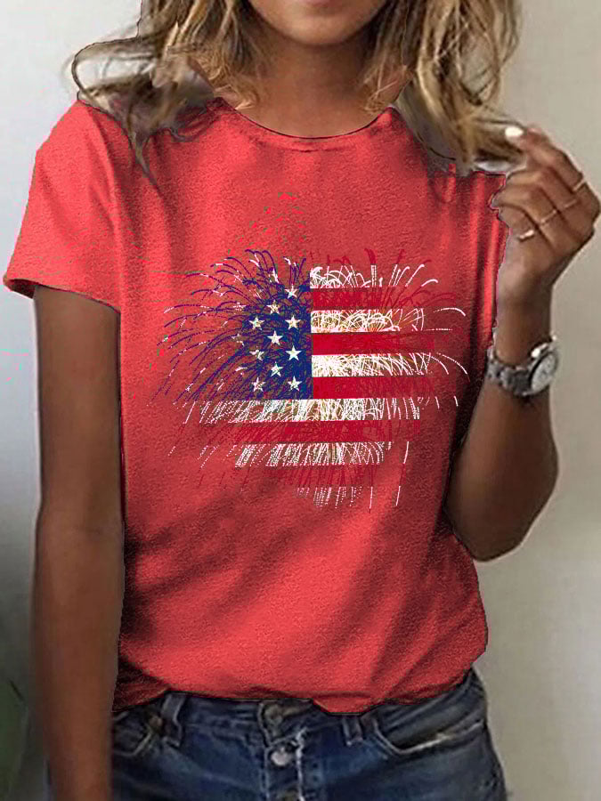 Women's Independence Day Love Fireworks Flag Print T-Shirt