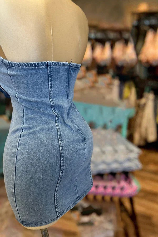 Flower Detail Denim Mini Dress