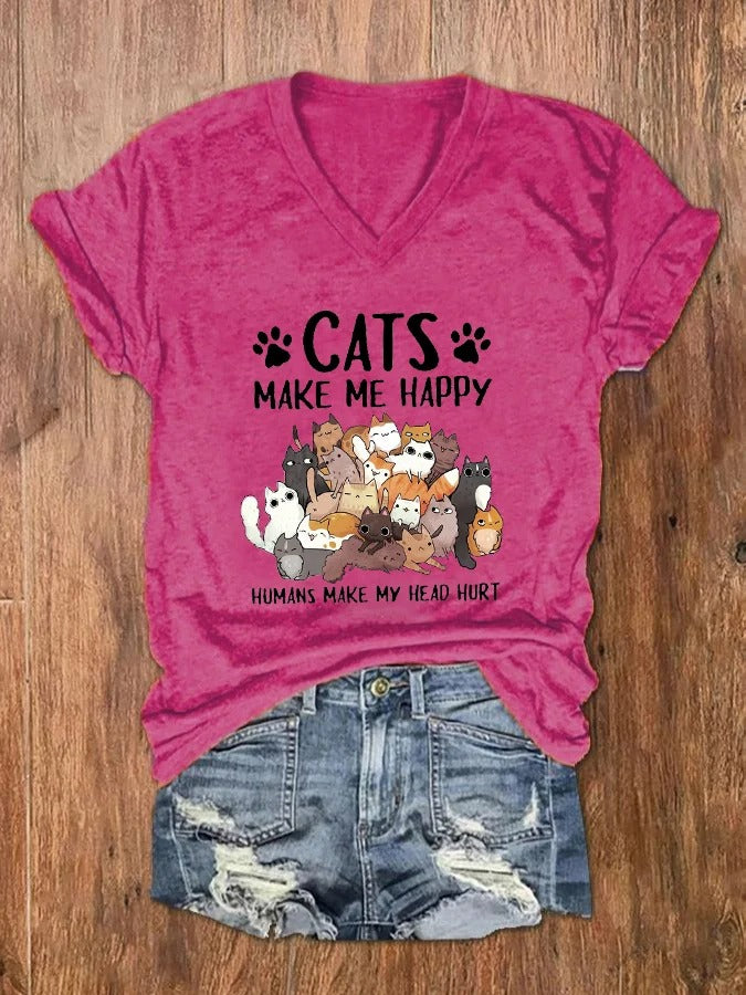 T-shirt col V imprimé « Les chats me rendent heureuse, les humains me font mal à la tête » pour femme