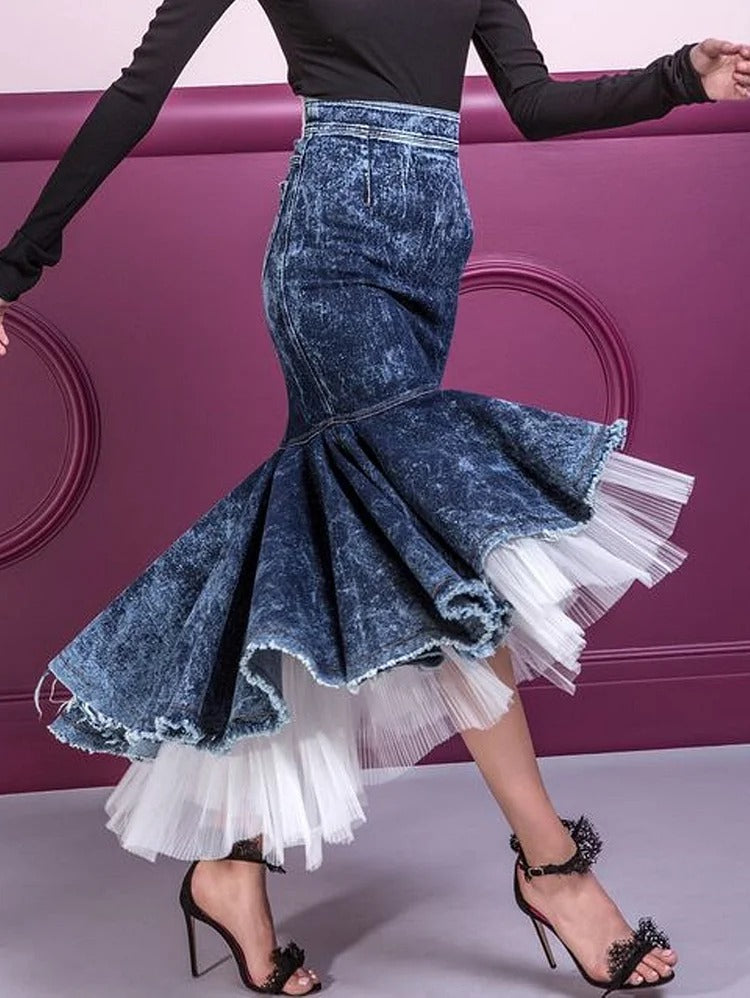 Daily Denim Mesh Patchwork Ruffle Hem Bodycon Mermaid Skirt