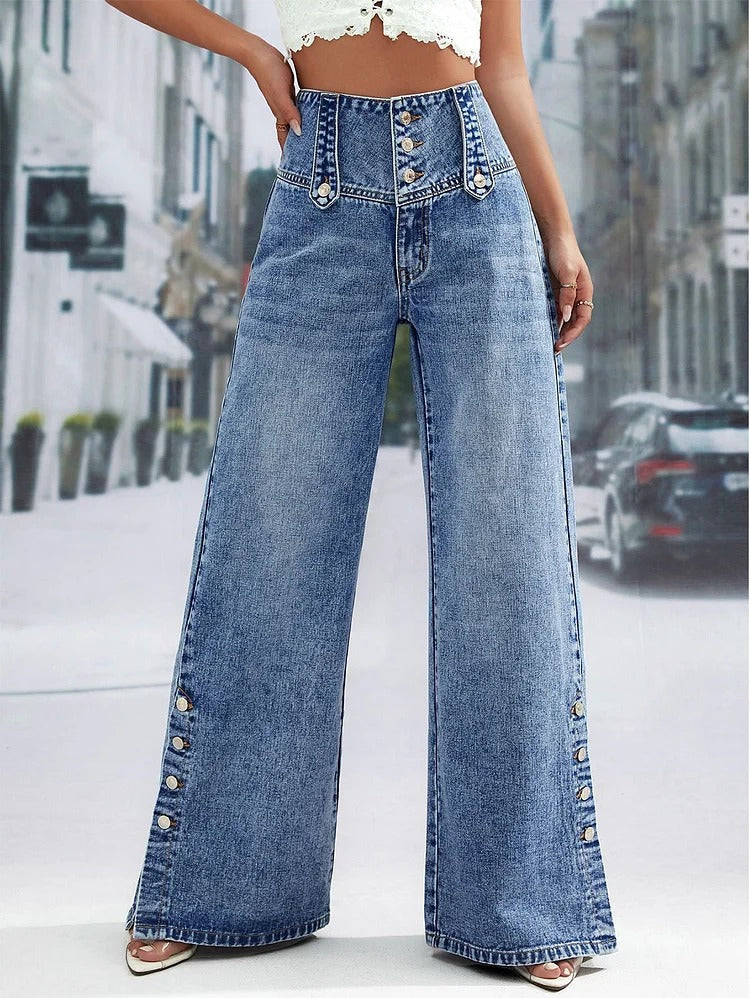 Modische, schlichte, hohe Taille mit Knopfleiste und weitem Bein, lange Hose