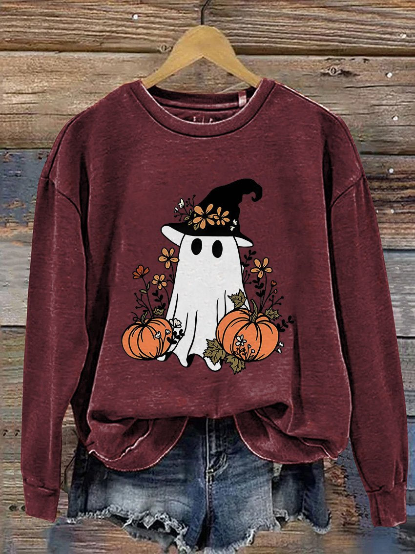 Sweat-shirt décontracté à imprimé fantôme effrayant pour Halloween