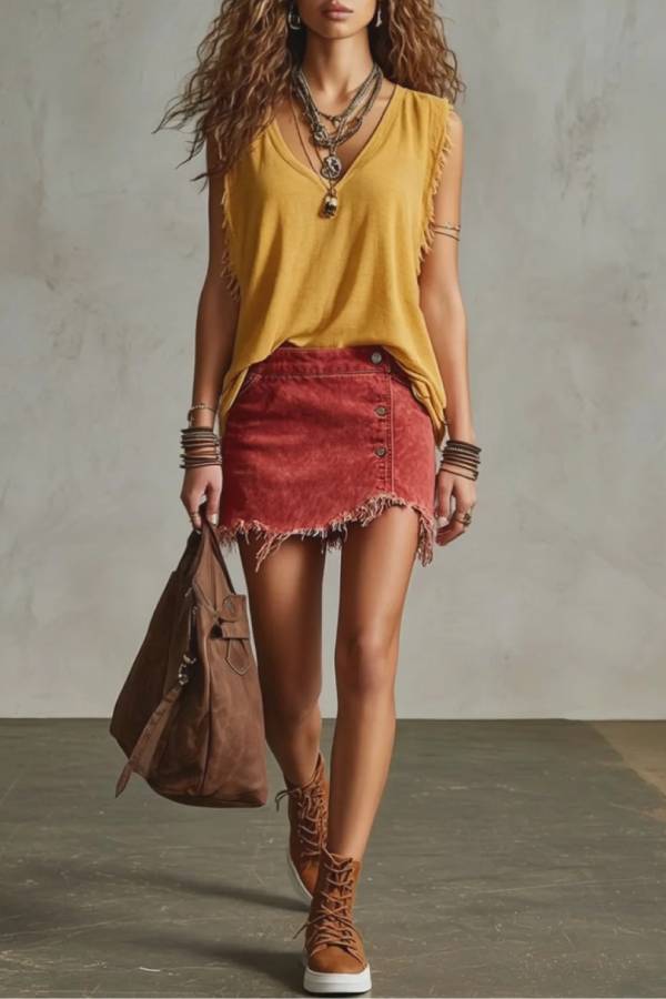 Western Retro Frayed Camel Denim Mini Skirt And Shorts