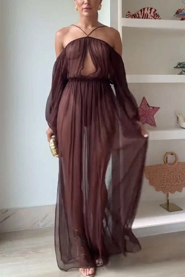 Marsie Semi-sheer Fabric Cutout Off Sholder Elastic Waist Slit Maxi Dress