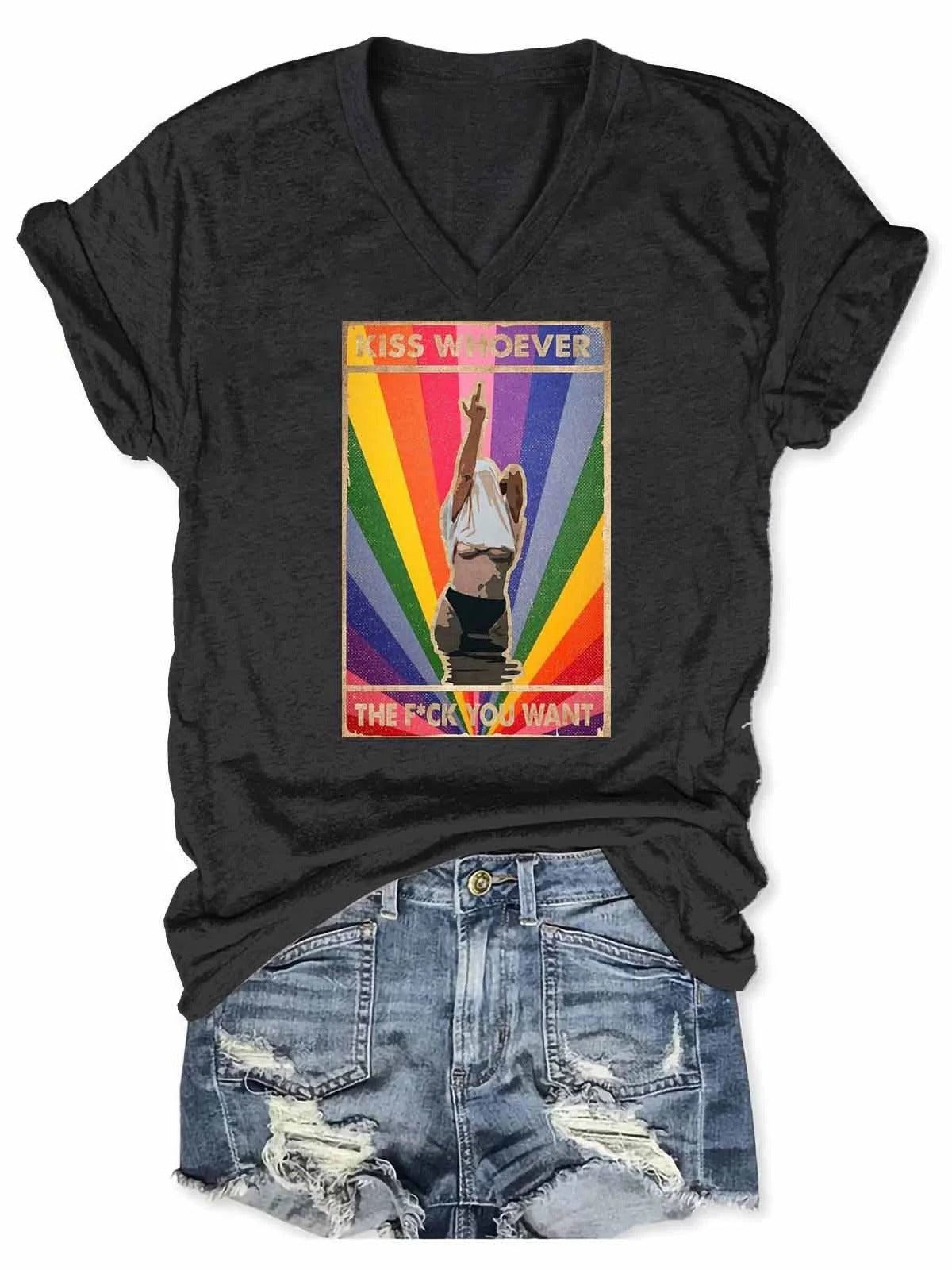 Women's Kiss Whoever The Fuck You Want Casual V-Neck Tee