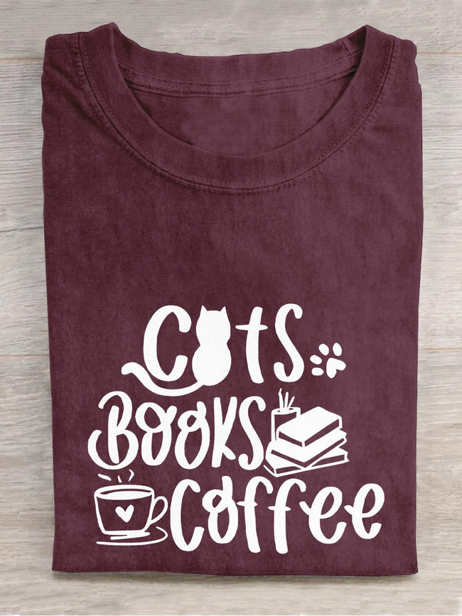 Cats Books Coffee Lover Casual Print T-shirt