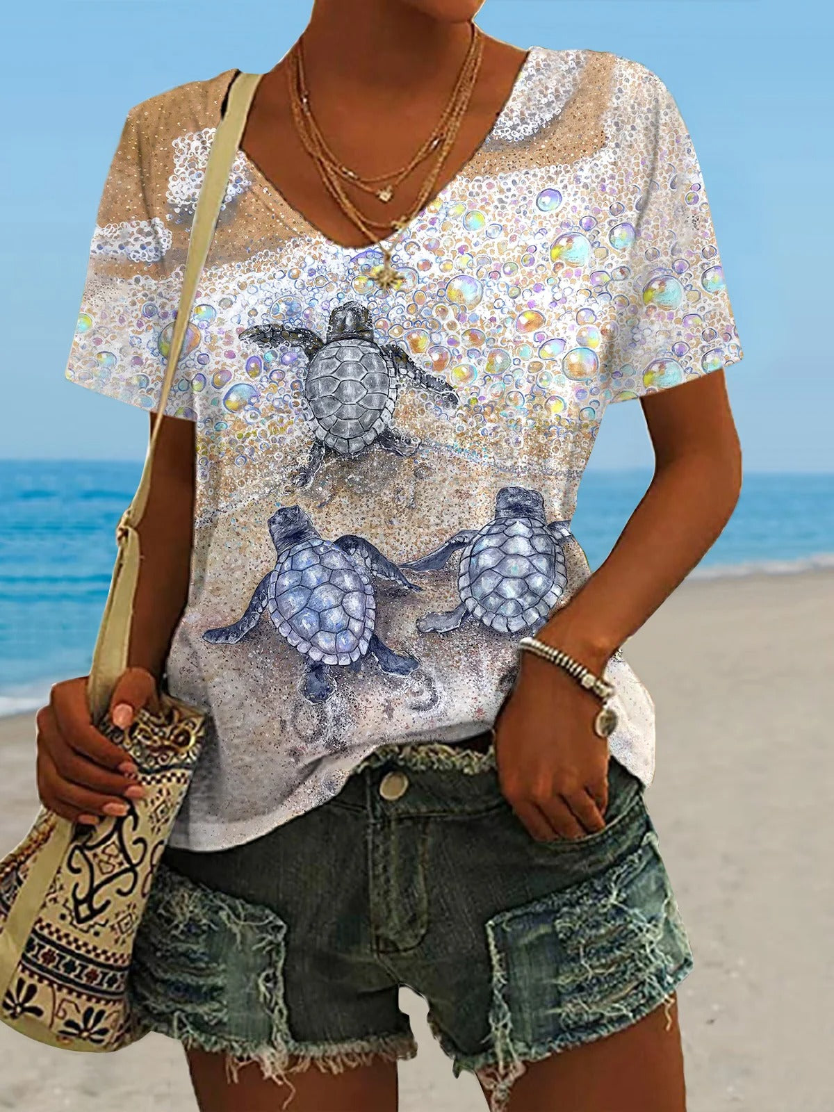 Women's Hawaiian Turtle Print Casual V-Neck T-Shirt