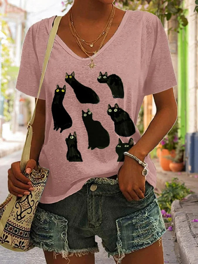 T-shirt décontracté à col en V et imprimé chat pour femme