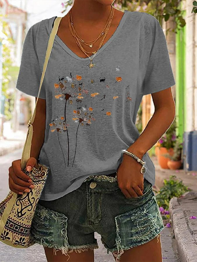 T-shirt col V imprimé chat fleur mouche pissenlit pour femme