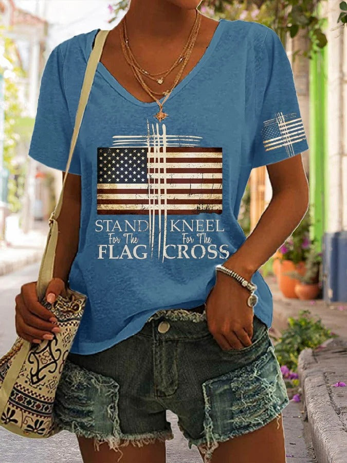 Women's Stand For The Flag Kneel For Cross Love USA Print T-shirt
