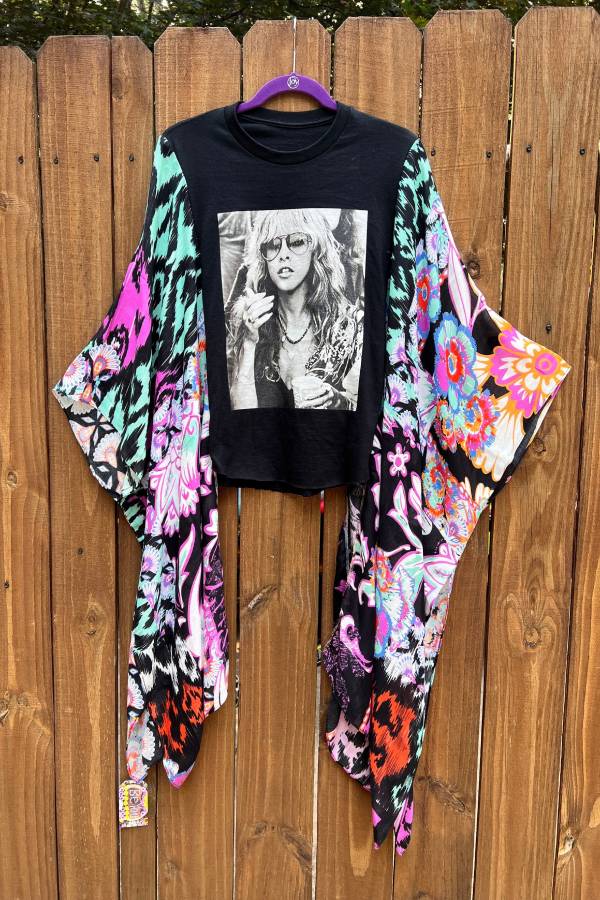 Stevie Nicks Mixed Print Patchwork Kimono Sleeve Crop T-Shirt