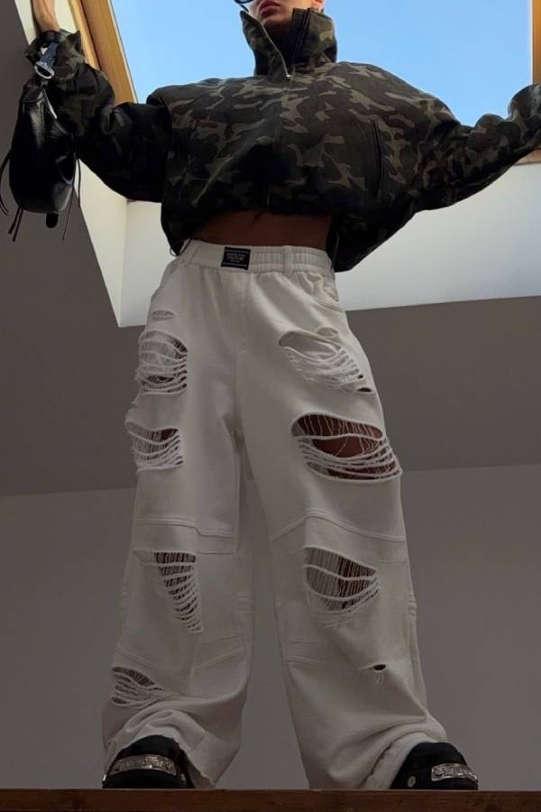 Streetwear Multi-Ripped Wide Leg Sweatpants