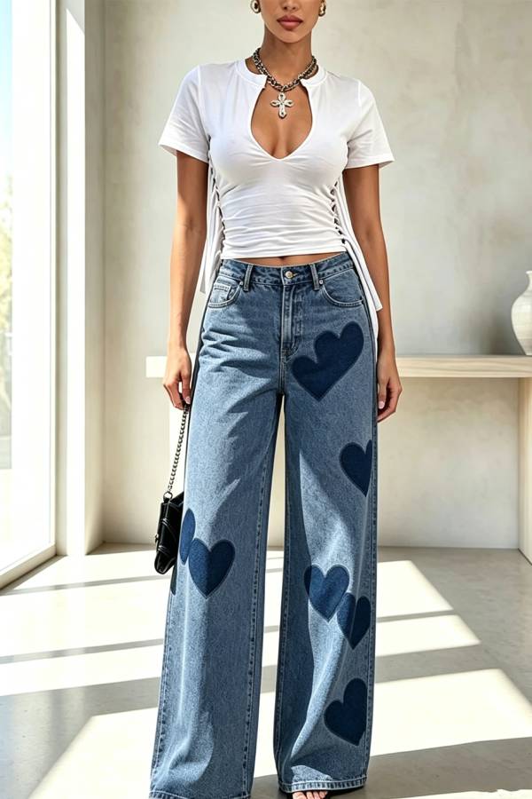 Retro Casual Denim Heart Print High Rise Pocket Wide Leg Jeans