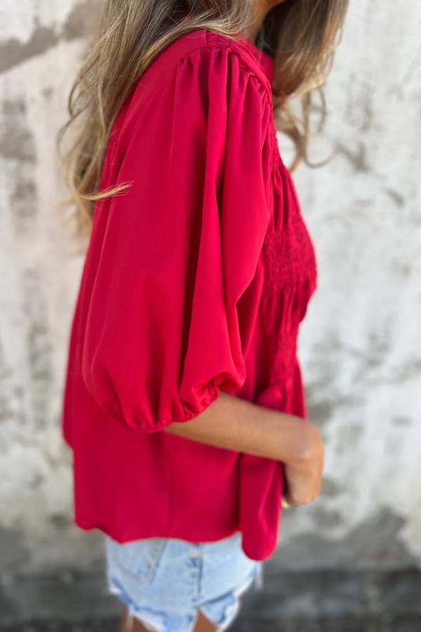 Stand Collar Smocked Puff Short Sleeve Peplum Blouse