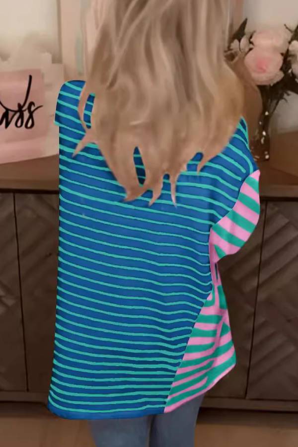 Color Block Stripe Patchwork Irregular Hem Oversized Batwing Sleeve T Shirt