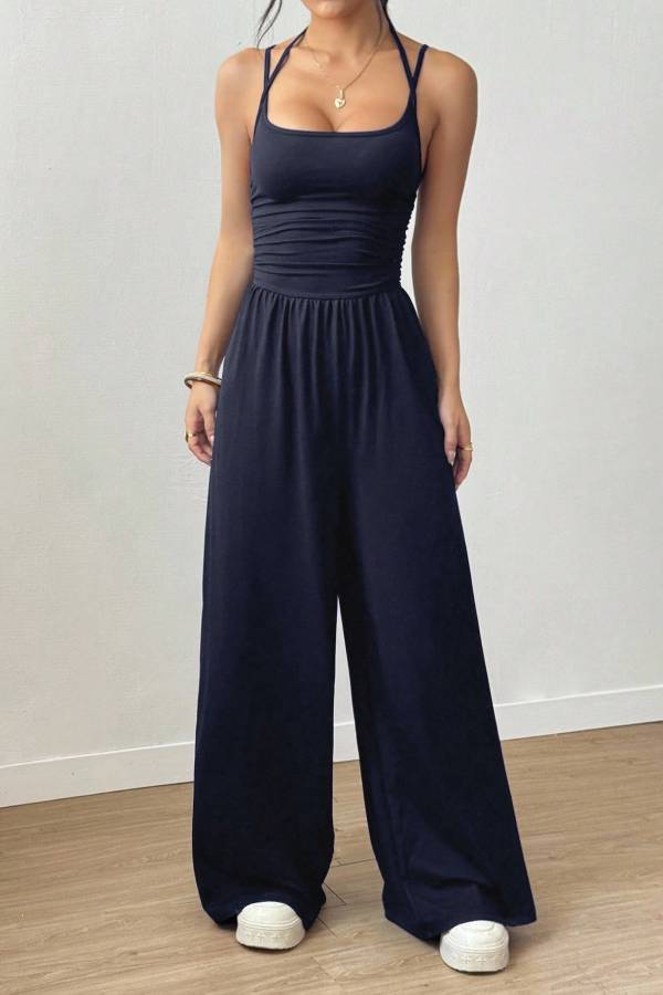 Halter Spaghetti Strap Ruched Wide Leg Jumpsuit Square Neck High Waist Casual Romper