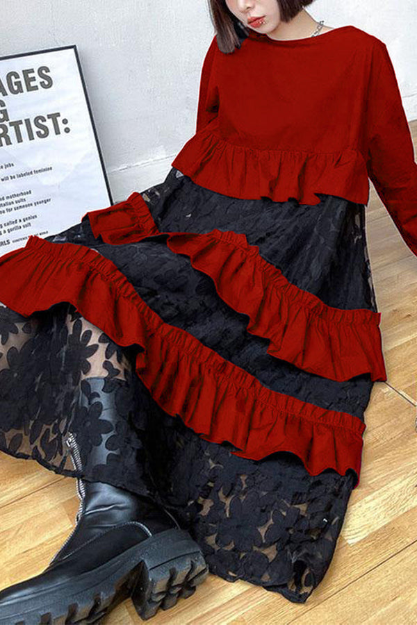 Robes d'automne bohèmes noires à volants en dentelle