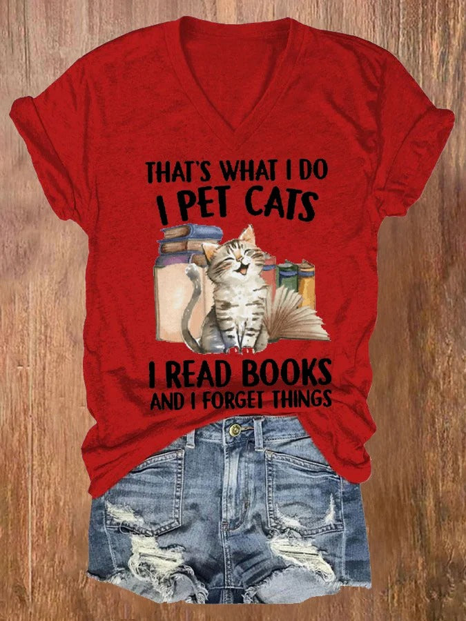 That's What I Do I Pet Cats I Read Books And I Forget Things Print Short Sleeve T-Shirt