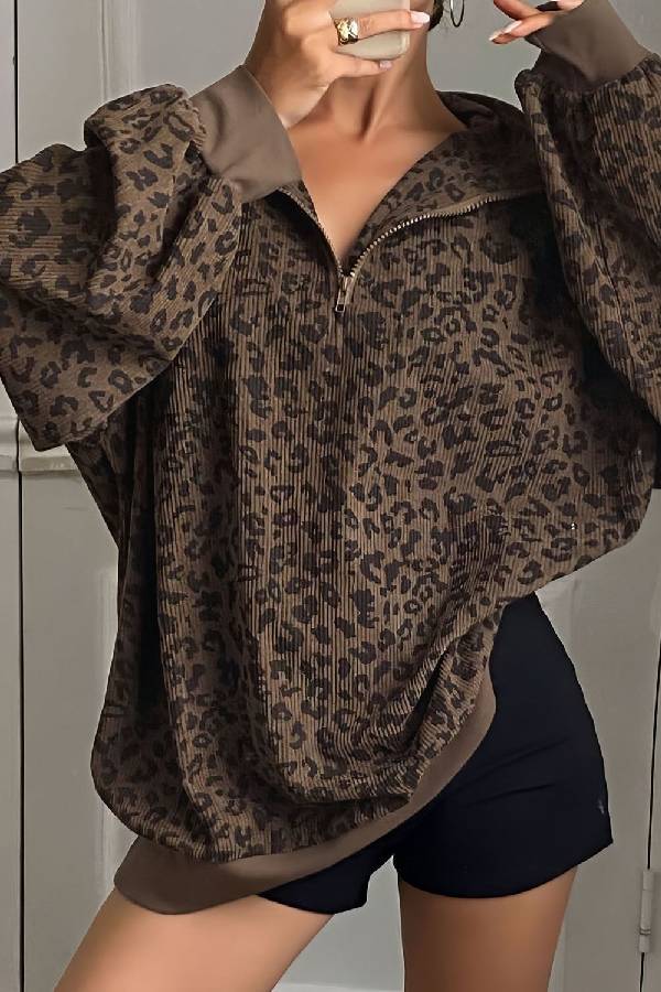 Leopard Corduroy Half‑Zip Oversized Sweatshirt